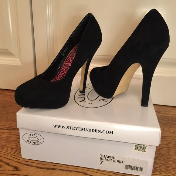 black suede platform pumps